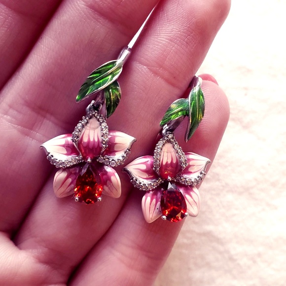 Flower Silver Earrings Red Crystal - Picture 3 of 5